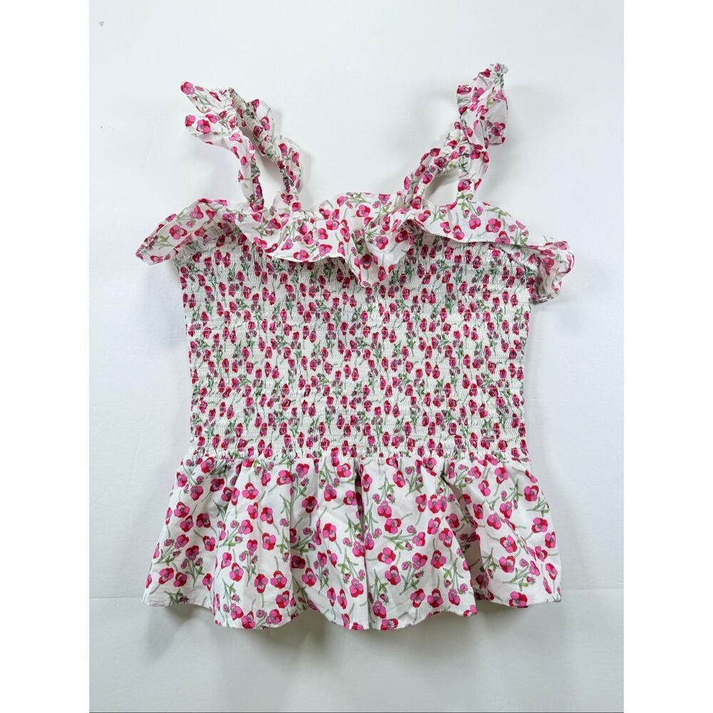 J.Crew Liberty Fabric Floral Smocked Ruffle Top XXS White Pink Cotton Preppy EUC